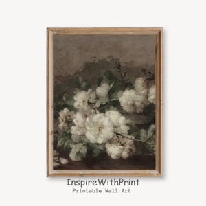 Moody White Flower Still Life Painting, Vintage White Rose Art Printable Dark Flower Wall Art, Antique Rose Print Neutral Floral Art Decor