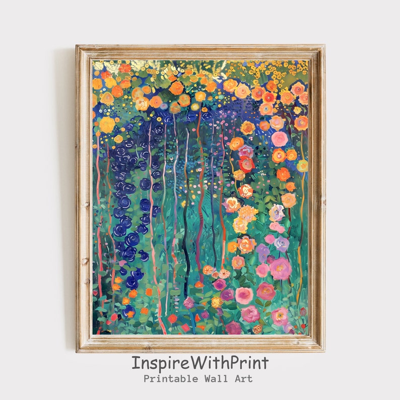 May include: A colorful painting of a garden with flowers in shades of pink, yellow, orange, blue, and green. The flowers are arranged in vertical rows, creating a sense of movement and rhythm. The painting is framed in a light wood frame.