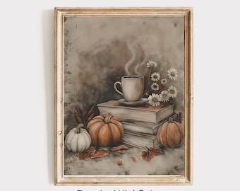 May include: A framed print featuring a still life with a cup of coffee, pumpkins, books, and daisies. The artwork has a warm, autumnal color palette with a vintage aesthetic. The text "InspireWithPrint Printable Wall Art" is at the bottom.