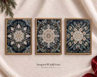 Vintage Christmas Wall Art Set of 3, Botanical Snowflake Prints, Moody Winter Floral Gallery Wall, Printable Holiday Decor