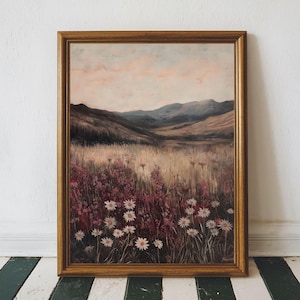 Moody Landscape Print, Rustic Wildflower Field Painting, Dark Academia Wall Art Printable Red Maroon Color Print, Boho Wildflower Wall Decor