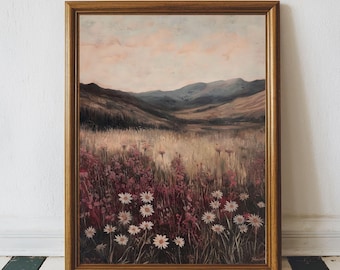 ムーディな風景プリント、素朴な野の花畑の絵画、ダークアカデミアの壁アートプリント可能な赤マルーンカラープリント、ボヘミアンな野の花の壁装飾