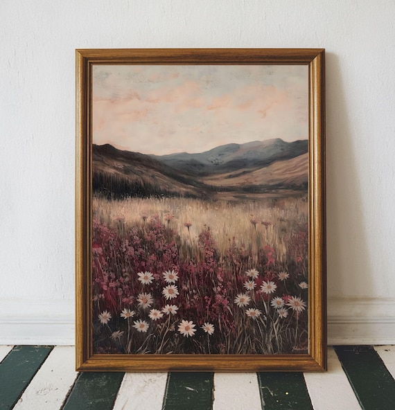 Moody Landscape Print, Rustic Wildflower Field Painting, Dark Academia Wall Art Printable Red Maroon Color Print, Boho Wildflower Wall Decor
