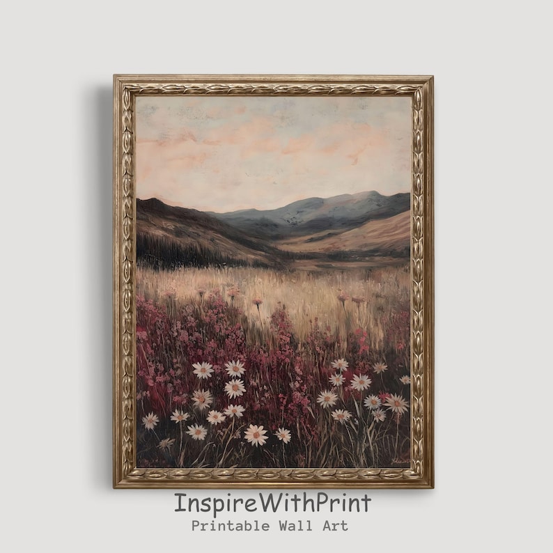Pode incluir: Uma pintura emoldurada de uma paisagem com colinas onduladas e um campo de flores silvestres. O c&eacute;u &eacute; de um rosa suave e as colinas s&atilde;o de um verde opaco. As flores silvestres s&atilde;o brancas e rosas.