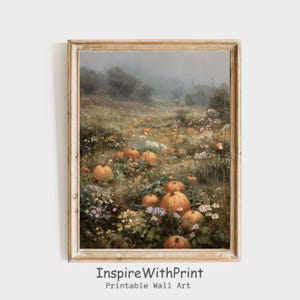 Vintage Fall Pumpkin Field Landscape Art, Autumn Cottagecore Printable Fall Farmhouse Print, Pumpkin Painting, Autumn Wildflower Meadow Art