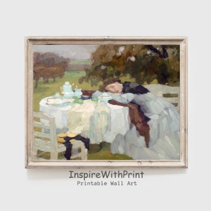 Tired Woman Painting, Vintage Woman Sleeping on the Table Print, Digital Download Moody Portrait Art, Scenes of life Fatigue Print