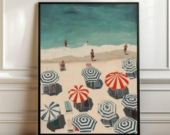 Summer Retro Beach Oil Painting Coastal Seascape Wall Art, Retro Coastal Art Printable Vintage Beach Umbrella Print, Pastel Summer Art Print