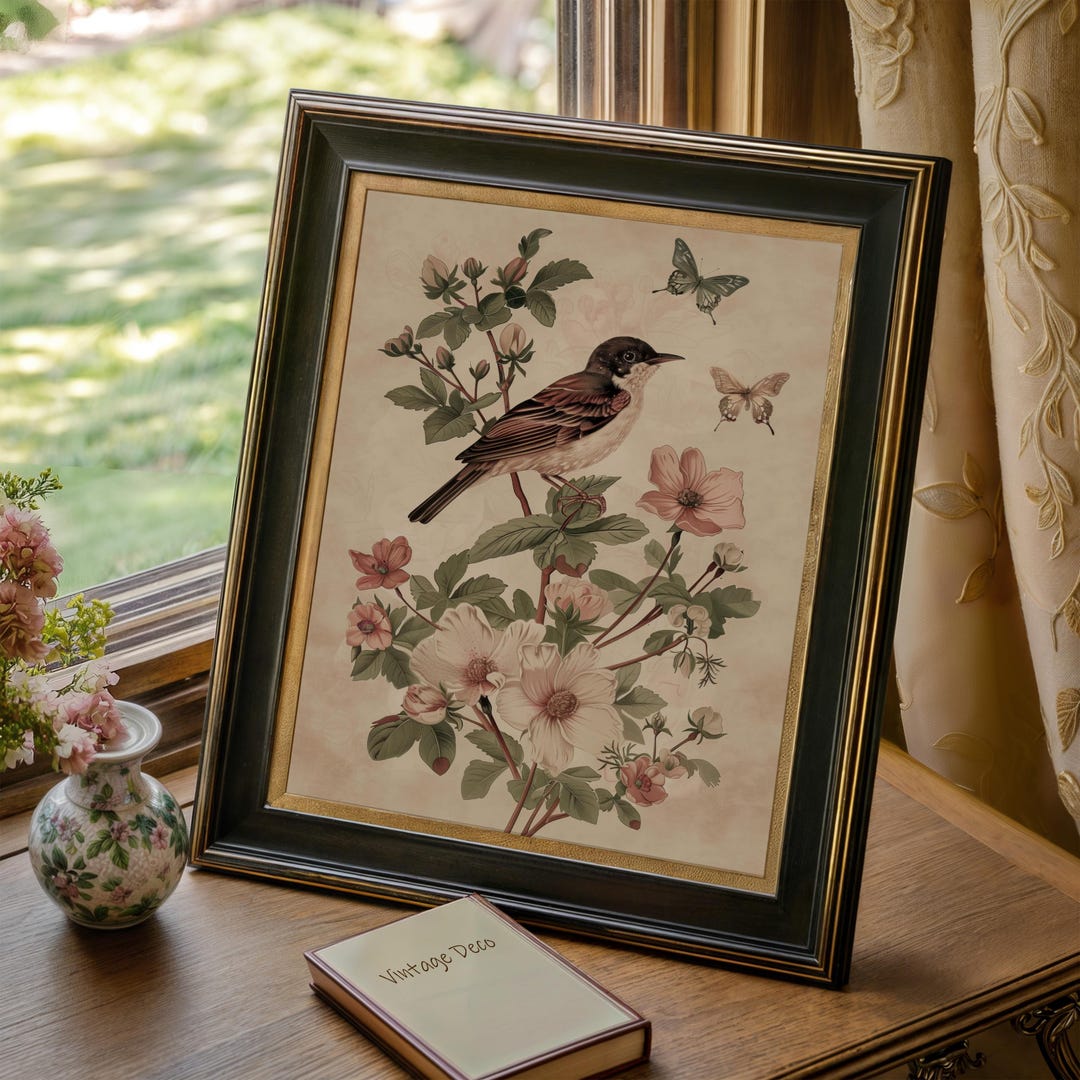 Vintage Bird Botanical Printable Art, Cottagecore Floral Wall Art ...