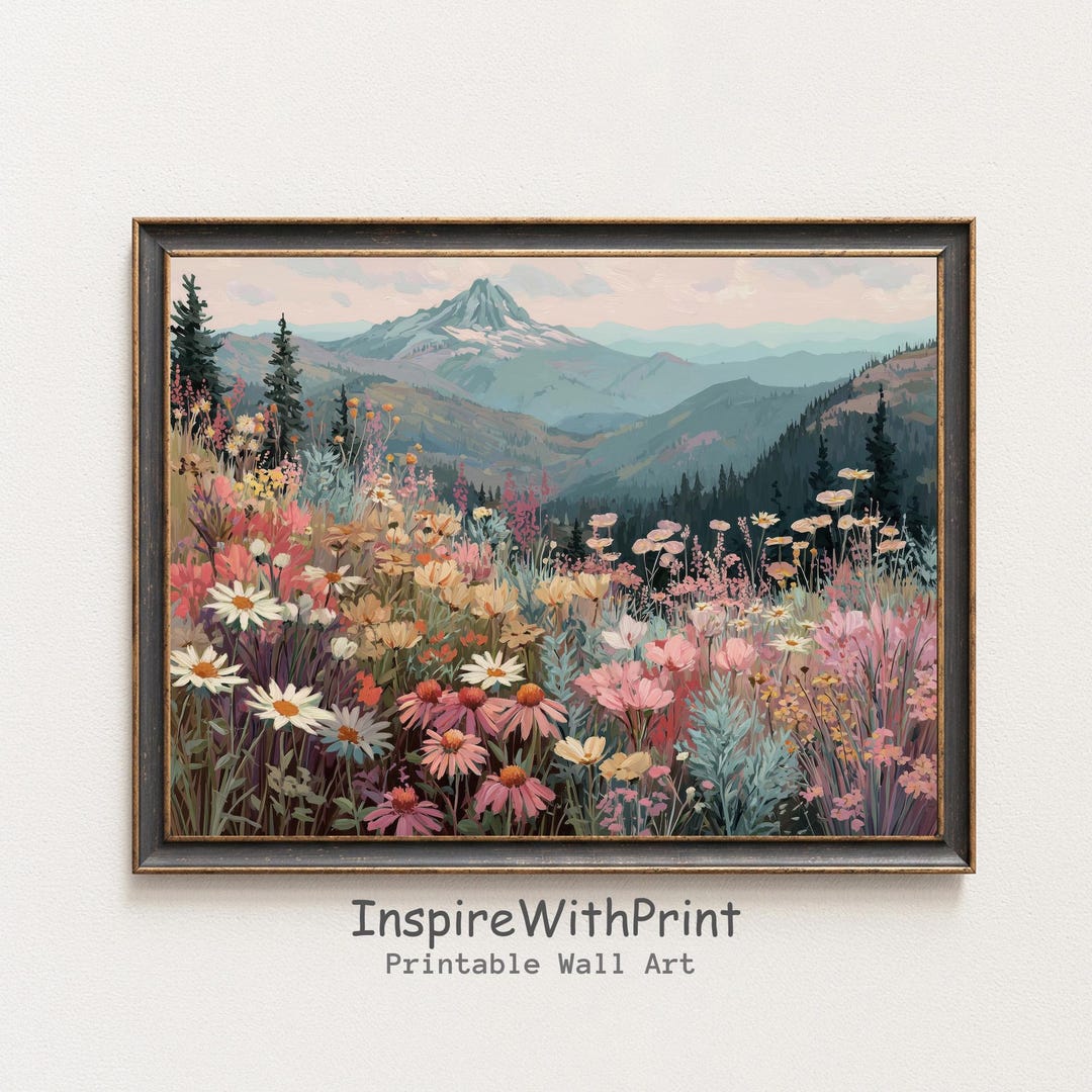 Boho Mountain Wildflower Meadow Wall Art, Pastel Alpine Landscape Print ...