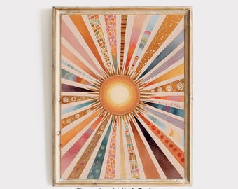 Boho Sun Print, Colorful Boho Sun Wall Art Printable Abstract Sunrise Print, Midcentury Modern Art, Playroom Poster, Boho Nursery Wall Art