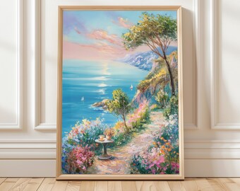 海岸沿いの庭の小道の絵画、地中海の壁掛けアート装飾、ビーチハウスの風景プリント、海辺のコテージの花柄キャンバス
