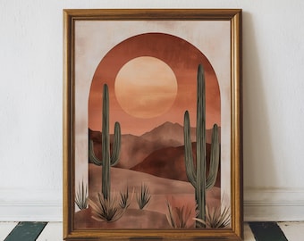May include: Framed art print featuring a desert landscape with cacti, mountains, and a large sun. The color palette includes shades of brown, orange, and green. The artwork is in a wooden frame, adding a touch of warmth to the scene.