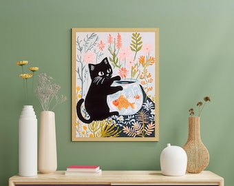 金魚鉢で遊ぶ猫のプリント、マティスの黒猫の壁アート、黒猫と花柄の