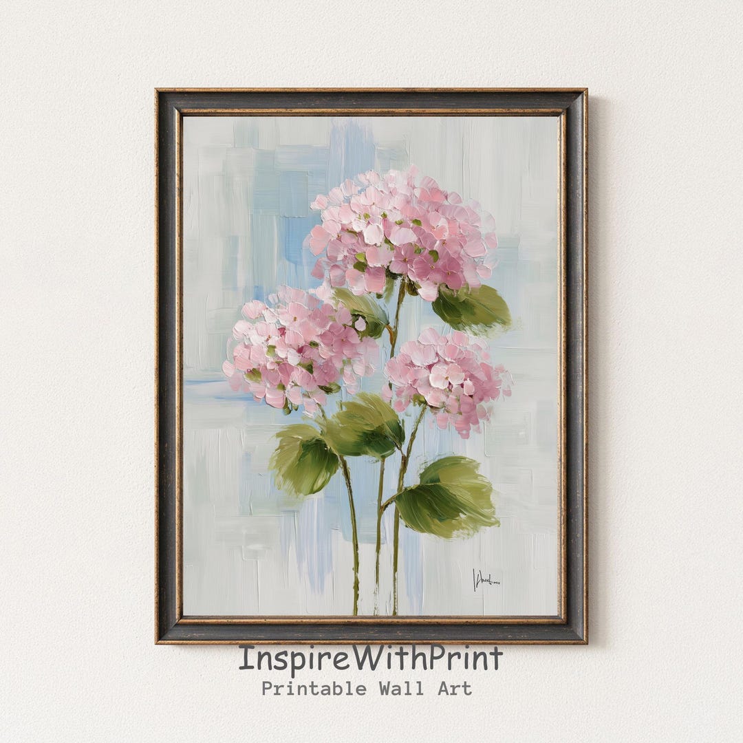 Pink Hydrangea Oil Painting Printable Wall Art, Soft Pastel Floral ...