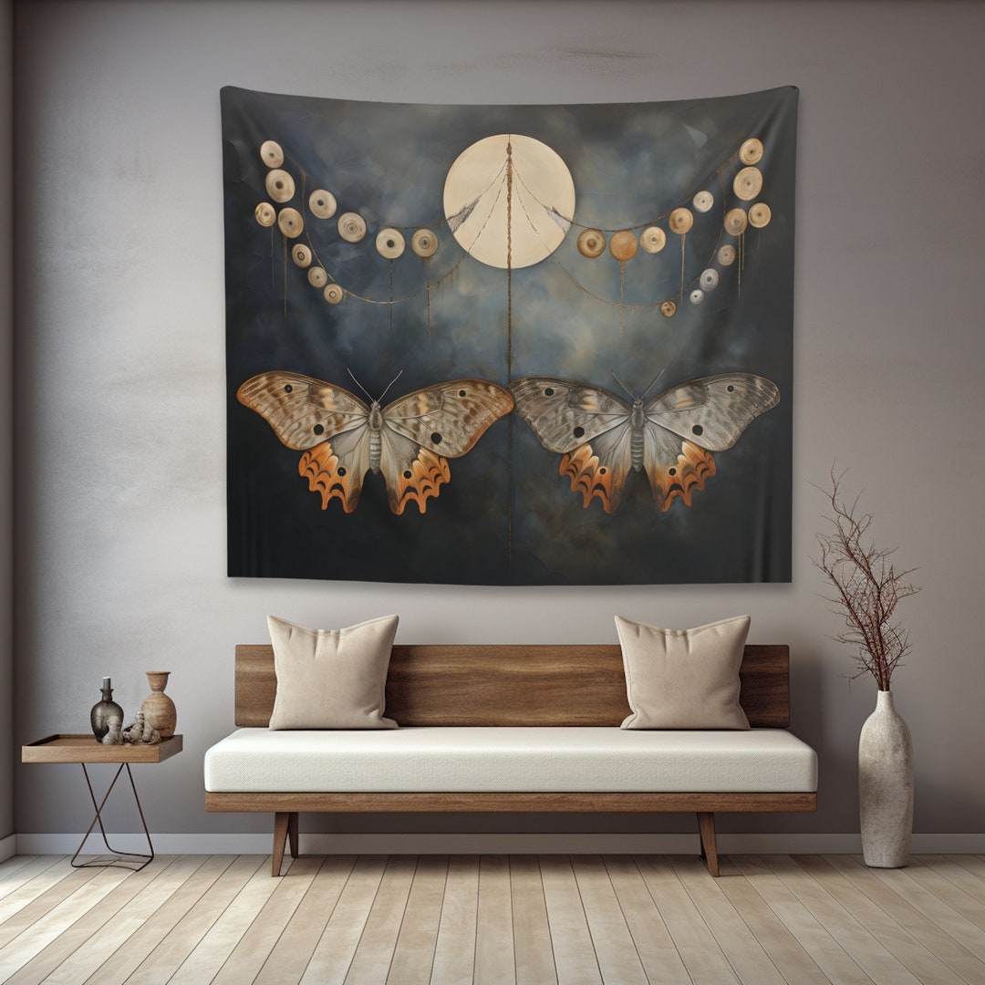Moth Tapestry Artful Print, Moon Phase Tapestry Painting, Dark Night