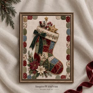 Utskrivbar väggkonst med vintage julstrumpa, quiltad lapptäcke med juldekorationer, nallebjörn, julstjärna och polkagris