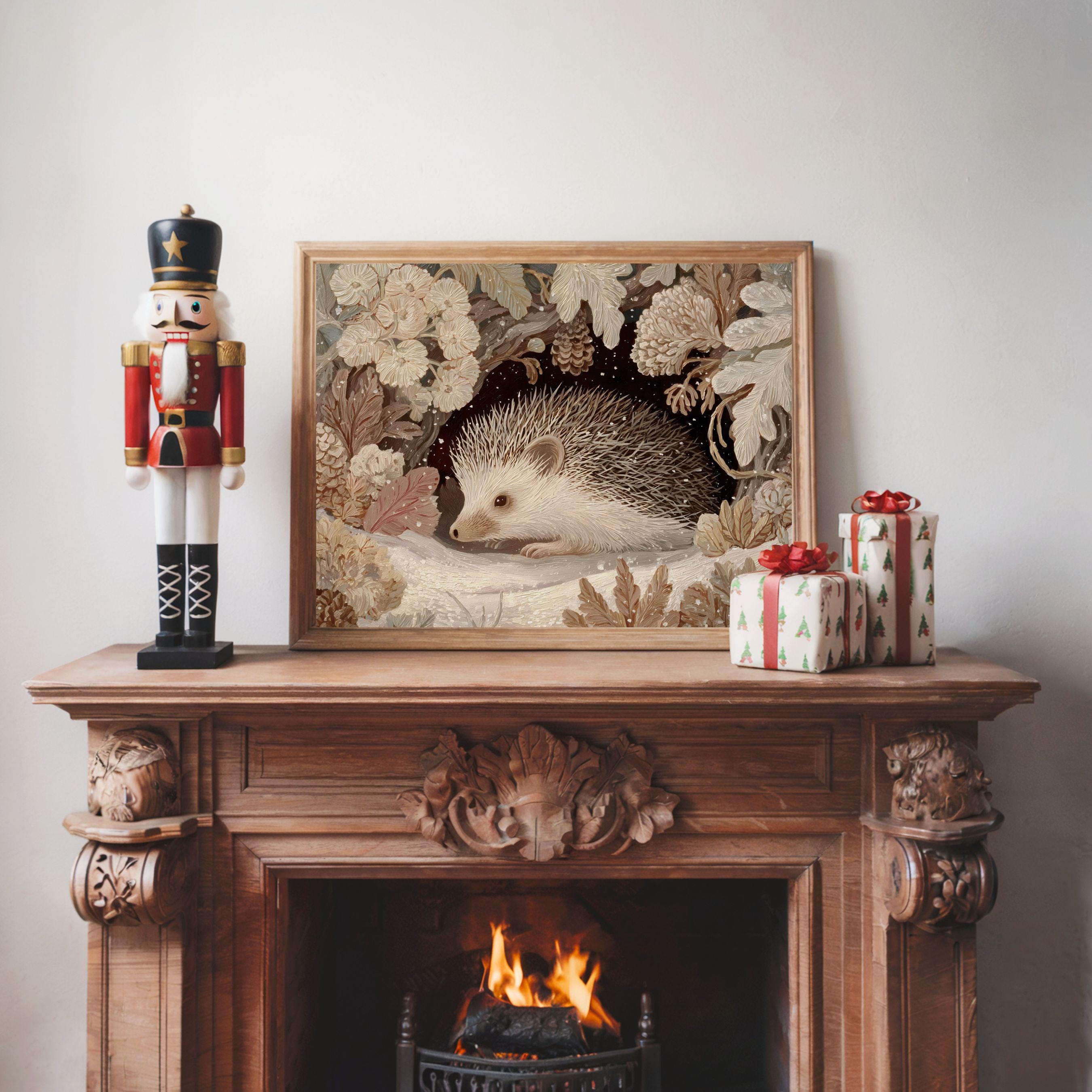 雪の降るクリスマスボタニカルとハリネズミのプリント、かわいい