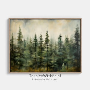 May include: A painting of a forest with tall, green trees in a misty, atmospheric setting. The trees are painted in a loose, impressionistic style, with soft edges and a sense of depth.