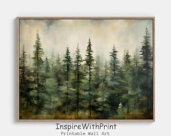 May include: A painting depicting a forest with tall, green trees in a misty, atmospheric setting. The trees are painted in a loose, impressionistic style, with soft edges and a sense of depth.