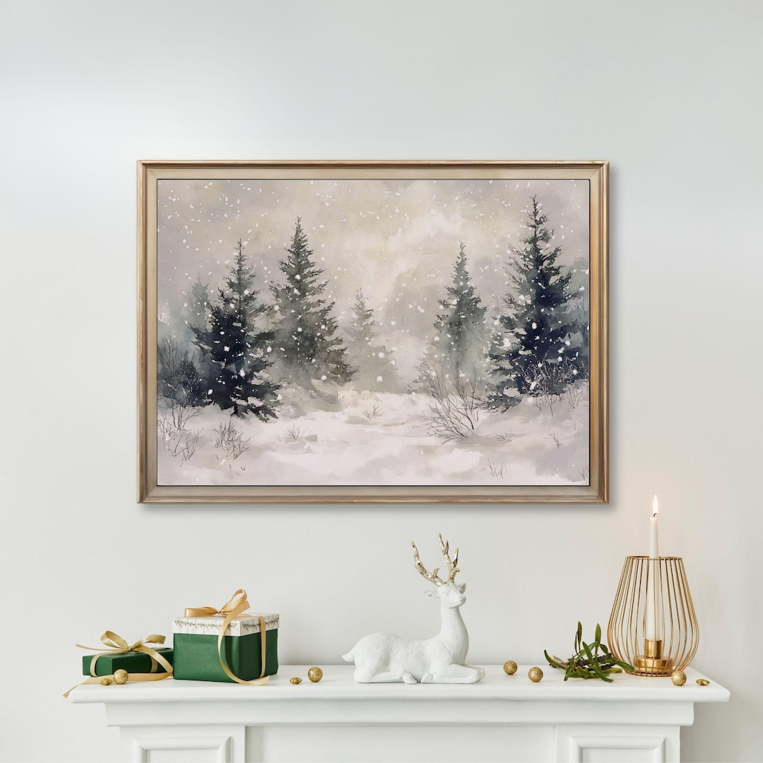 Snowy Pine Tree Painting, Snow Winter Landscape Print, Rustic Winter ...