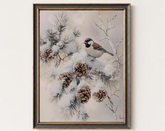 Vintage Wintervogeldruck, Bauernhaus-Weihnachtskunst, stimmungsvoller Winterdruck, Baum bedeckter Schneedruck, rustikale Wintersperling, Kiefernzapfendruck