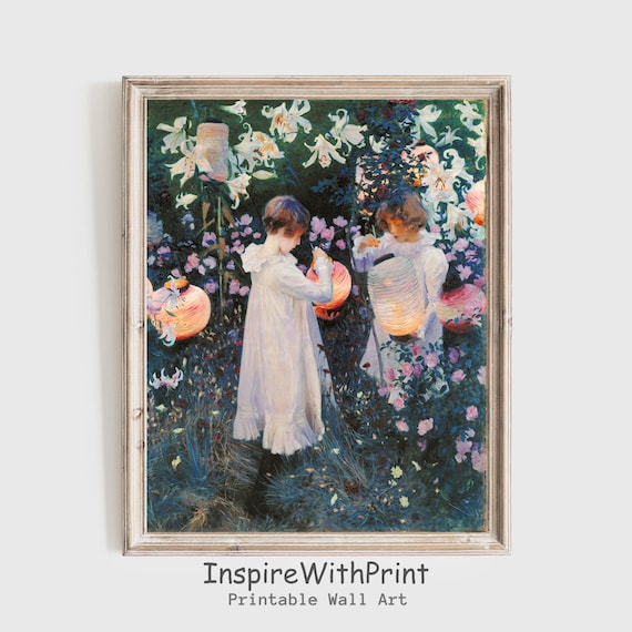 絵画、デジタルアート、叫ぶ少女　版画　写真印刷 提灯を持った少女の絵画、デジタルダウンロード ヴィンテージ子供の