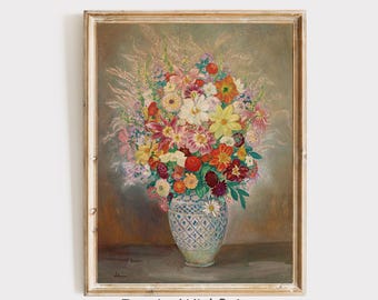 Vintage Flowers Still Life Print, Colorful Flower Vase Printable, Pastel Flowers Wall Art, Spring Floral Art, Moody Still Life Oil Painting