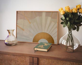 Boho Sun Print, Mid Century Modern Wall Art Printable Abstract Sun Painting, Sunshine Print, Neutral Gold Color Print, Boho Nursery Print