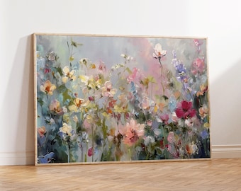 Spring Abstract Wildflower Printable Art, Colorful Floral Meadow Wall Art, Romantic Cottagecore Painting, Soft Pastel Digital Download