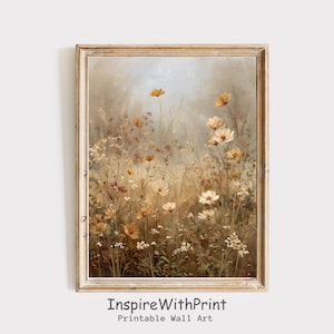 Vintage Fall Wildflower Meadow Print, Moody Wildflower Field Art Printable Neutral Fall Landscape Print, Farmhouse Autumn Cottagecore Art