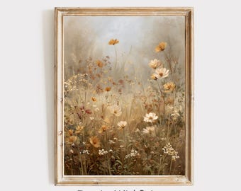 Vintage Fall Wildflower Meadow Print, Moody Wildflower Field Art Printable Neutral Fall Landscape Print, Farmhouse Autumn Cottagecore Art