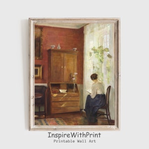 Vintage Woman Reading Portrait Painting, Digital Download Antique Portrait Print, Moody Reading Portrait Wall Art, Antique Interior Print