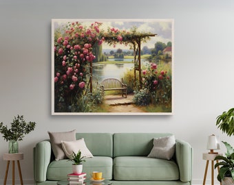 Vintage spring garden painting, cottagecore flower arch print with empty bench, digital download pink flower art, river side landscape print