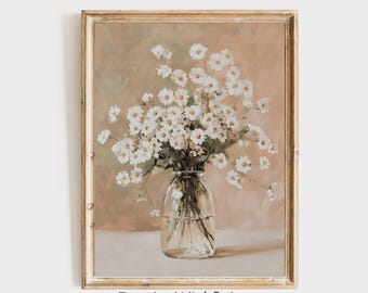 Chamomile Flower Oil Painting, Vintage Flower Vase Art Printable Chamomile Print, Neutral Botanical Wall Decor Cottage Core Neutral Wall Art