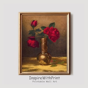 Antique Red Rose Still Life Painting, Digital Download Moody Red Flower Print, Artful Rose Wall Art, Printable Vintage Floral Art Print
