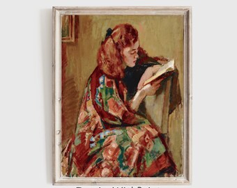 Stampa vintage di donna che legge, dipinto di ragazza che legge, stampabile di arte di lettura malinconica, arte vintage di donna libresca, stampa di libro di lettura