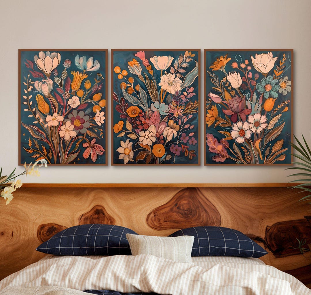 Midcentury Modern Boho Flowers Bouquet Wall Art Set of 3, Wildflowers ...