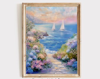 パステル調の海岸の小道の絵画、花柄の海の帆船の壁掛けアートプリント、バスルーム、寝室、リビングルーム用の穏やかなビーチの風景装飾