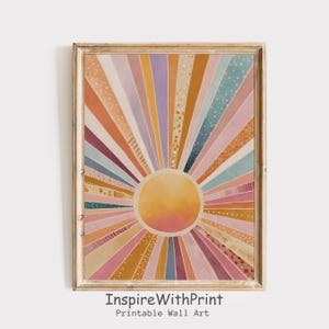 Boho Sun Print, Colorful Boho Sun Wall Art Printable Abstract Sunrise Print, Midcentury Modern Art, Playroom Poster, Boho Nursery Wall Art