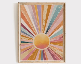 Boho Sun Print, Colorful Boho Sun Wall Art Printable Abstract Sunrise Print, Midcentury Modern Art, Playroom Poster, Boho Nursery Wall Art