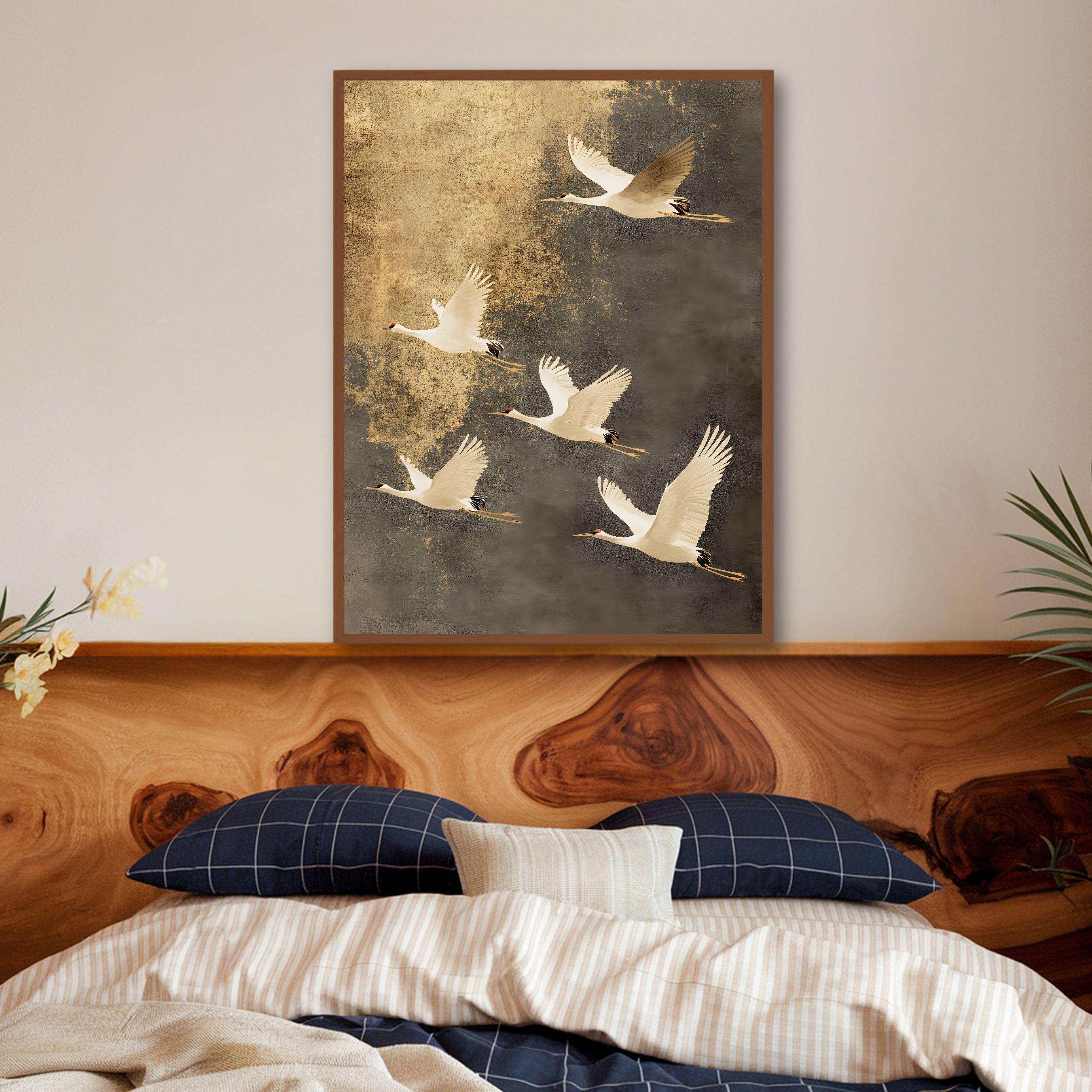 Flying Cranes Wall Art, Japandi Style Art Printable Flock of Birds