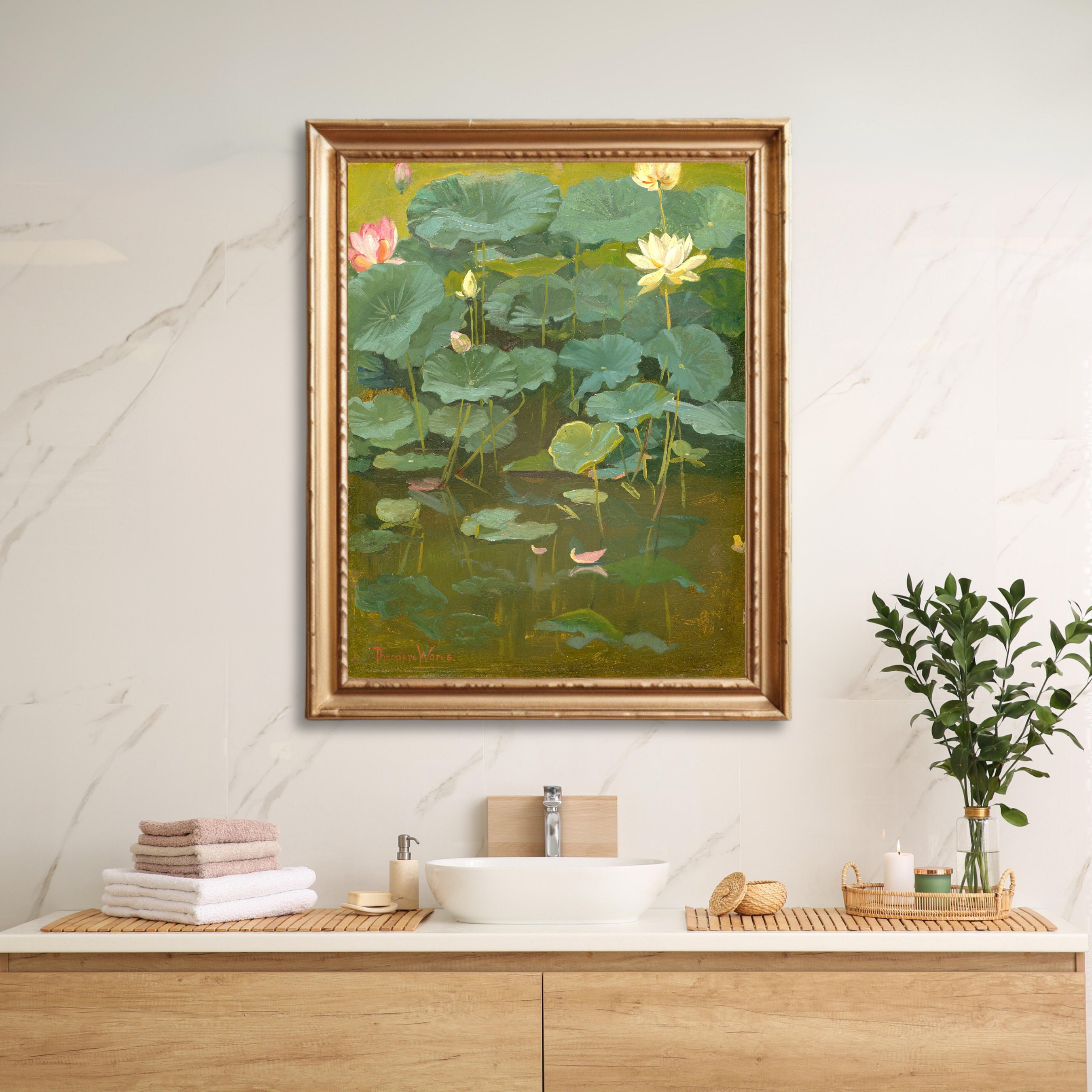 Vintage Lotus Flower Painting, Digital Download Green Leaves Art, Yoga ...