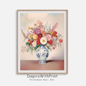 Colorful Flowers Bouquet in Blue and White Chinoiserie Vase Print, Patel Floral Wall Art Printable Chinoiserie Painting, Flower Vase Print