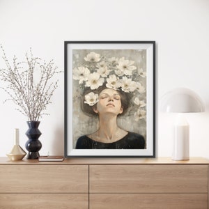 woman with flower head painting, moody woman portrait wall art, digital download feminist art, neutral portrait with white flowers print