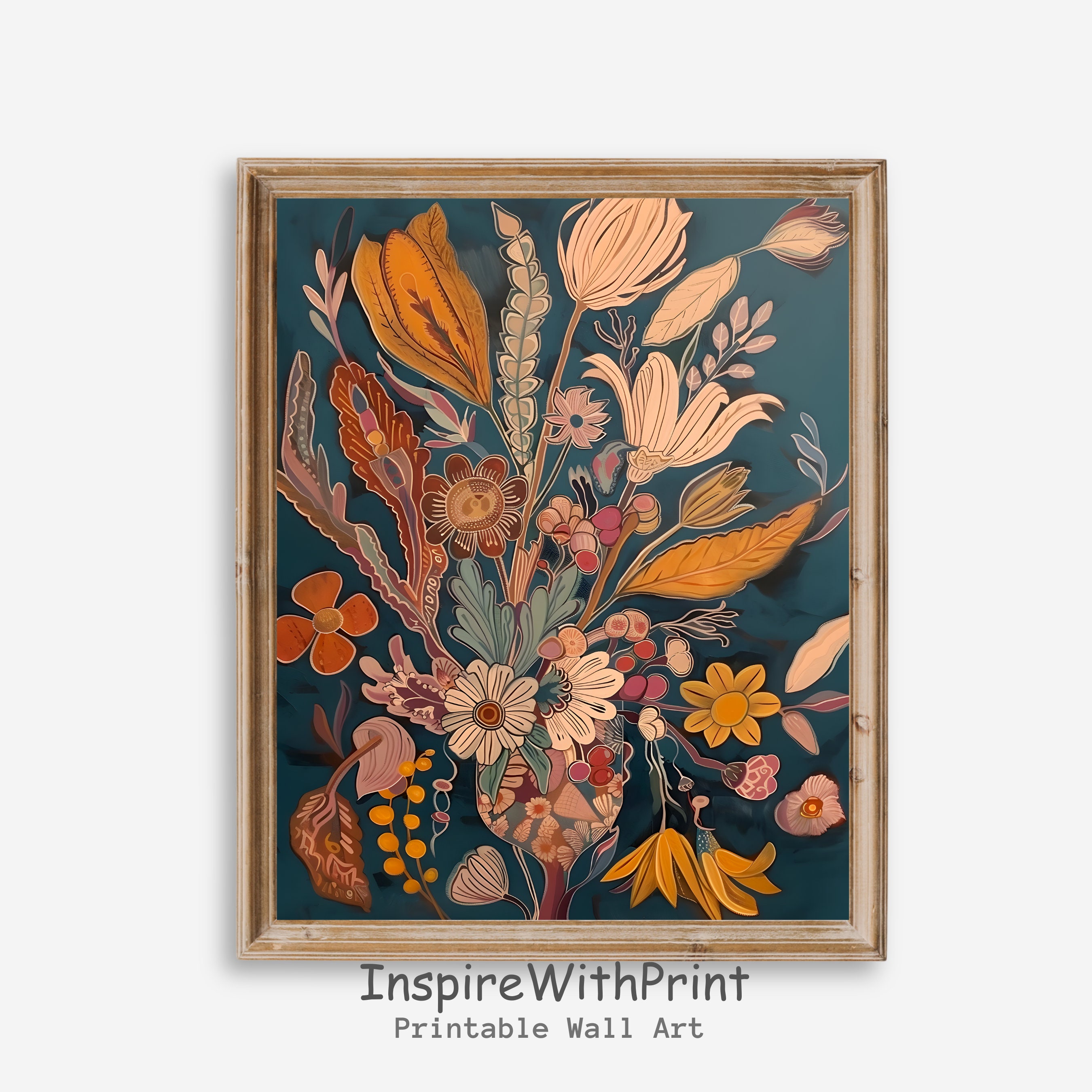 Midcentury Modern Boho Flowers Bouquet Wall Art, Digital download MCM Art Decor, Abstract Flower Botanical Print, Artful Boho Floral Art