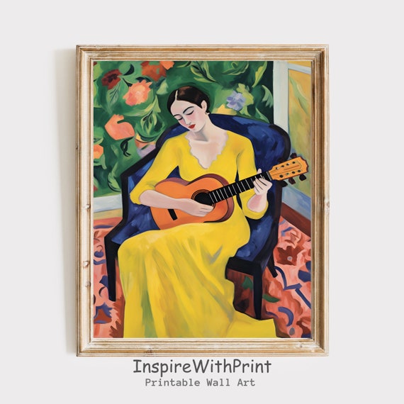ギターを弾く女性の絵画、デジタルダウンロード肖像画アート、マティス
