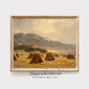 Wheat Field Landscape Print, Vintage Country Landscape Painting, Farmhouse Hay Fields Wall Art,  Fall Harvest Print, Autumn Wall Decor