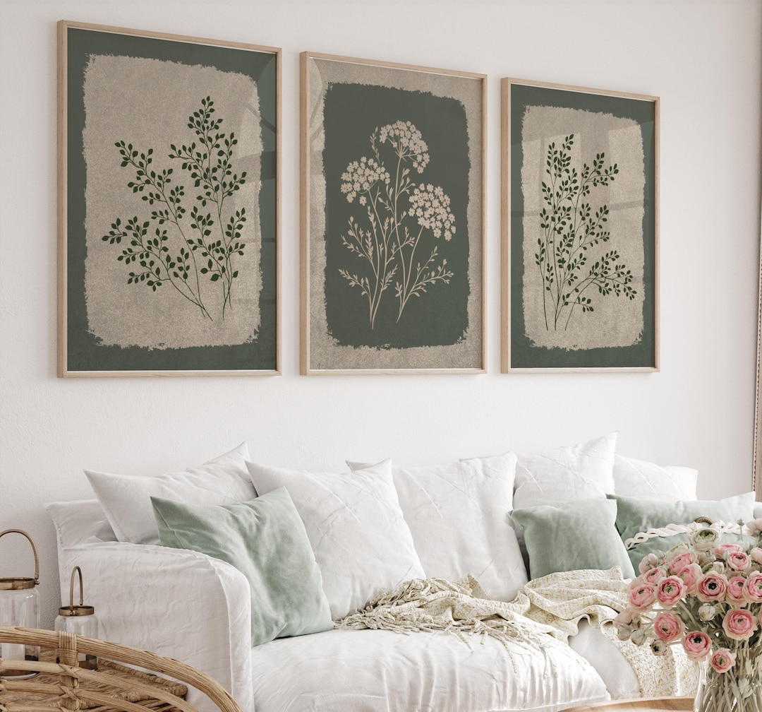 Boho Wildflower Wall Art Set of 3, MCM Floral Print, Rustic Botanical ...