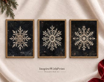 Vintage Snowflake Wall Art Set of 3, Dark Winter Christmas Printable Decor, Rustic Neutral Holiday Gallery Wall