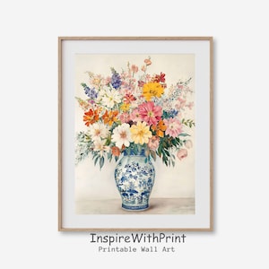 Colorful Flowers Bouquet in Blue and White Chinoiserie Vase Print, Patel Floral Wall Art Printable Chinoiserie Painting, Flower Vase Print